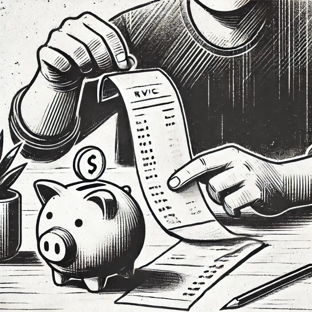 A rough pencil sketch of someone pointing at an invoice, and a piggy bank accepting a coin in the foreground